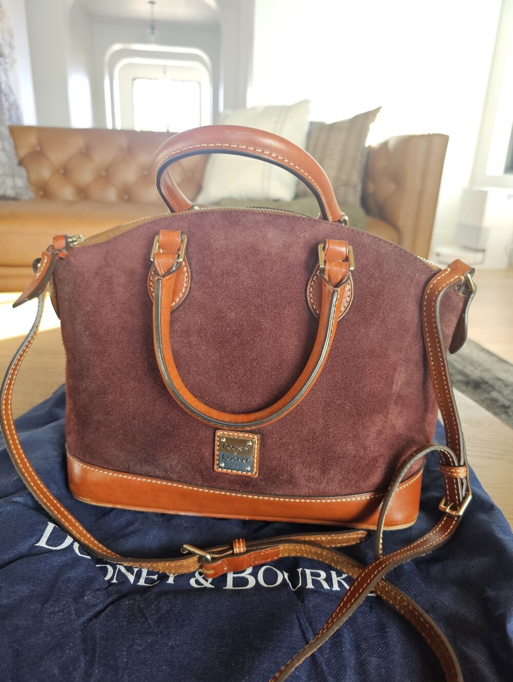 Dooney & Bourke Burgundy Suede Satchel with Tan Leather Trim